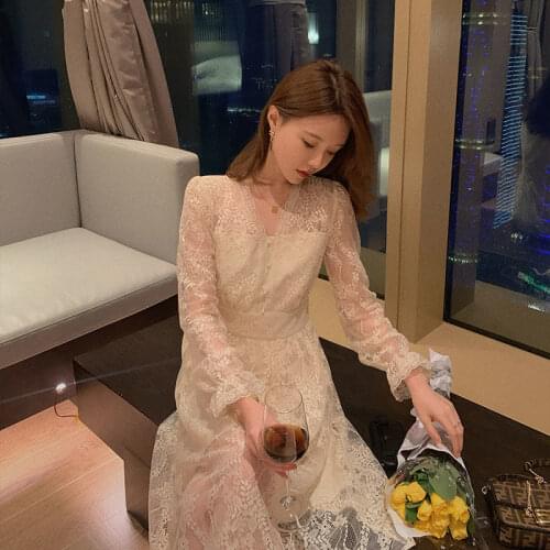 Autumn Dress Womens New V-neck Lace Dress Long Sleeve Woman Dresses Vestido De Mujer Femme Robe