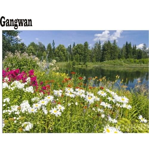 Diamond Embroidery Sale Wild diasy Flower Pictures Of Rhinestones Full Square Drill Diamond Mosaic green tree river Diamond art