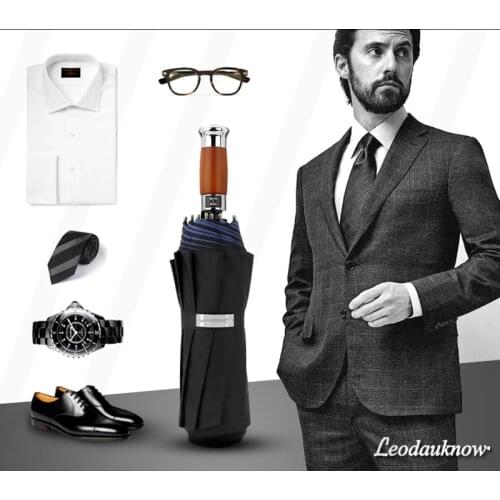 Large Gentleman Full Automatic Umbrella Men Luxury Rain Sun Windproof Parasol 3 Fold Strong Storm Wood Handle Business Men Y6S