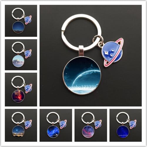 Outer Space Planet Sky Stars universe Round glass cabochon keychain Bag Car key chain Ring Holder Charms keychains Gifts