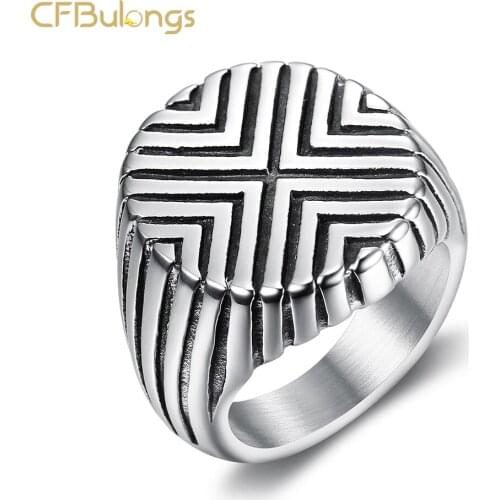 CFBulongs Retro Geometric Titanium Steel Mens Ring Punk Hip Hop Rock Cool Silver Color Motorcyclist Finger Ring Party Jewelry