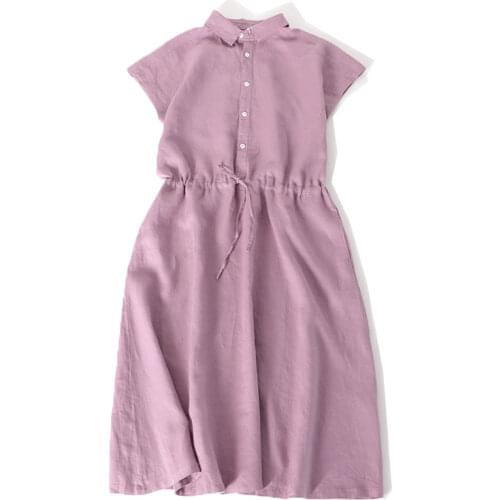 Pure linen shirt dress lace up waist temperament short sleeve big swing long skirt cotton linen womens clothing Xiaxin 9013