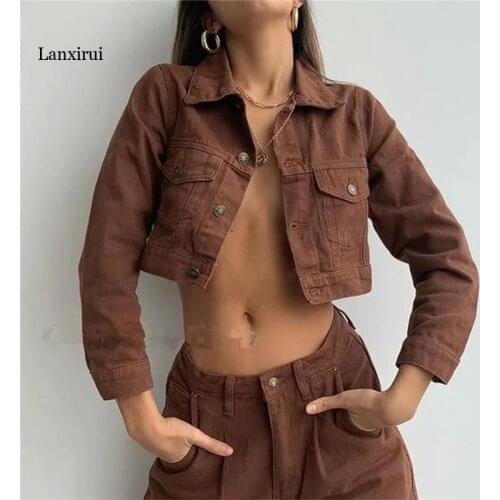Cotton Womens Brown Cropped Denim Jackets Autumn Single Breasted Turn-down Collar Female Jacket Fashion Outerwear