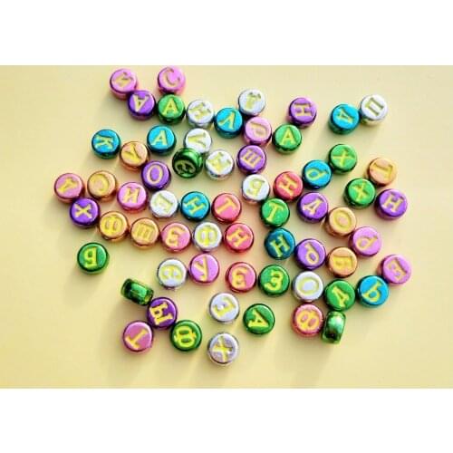 New Acrylic Russian Letter Beads 4*7MM Flat Coin Round Shape Plastic Colorful with Gold Initial Alphabet Jewelry Spacer Beads