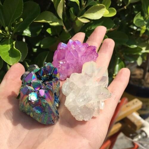 3pcs Aura angel crystal cluster natural Titanium coating gemstone quartz cluster Healing home decor 110-120g