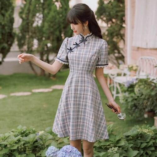 Ladies Sweet Vintage Puff Sleeve Cheongsam Dress Women Summer 2021 New Improved Qipao Lace Stitching Bow Cute Dresses