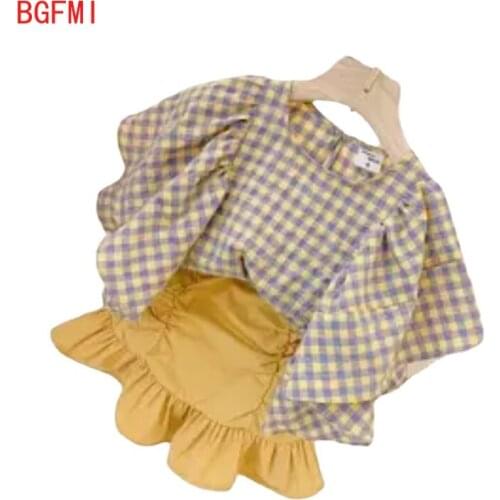 Fashion Teenager Summer Girls Princess 2Pcs Clothes Sets Plaid Flying Sleeves Tops Blouse+Folds Skirt Set Kids Suit Children