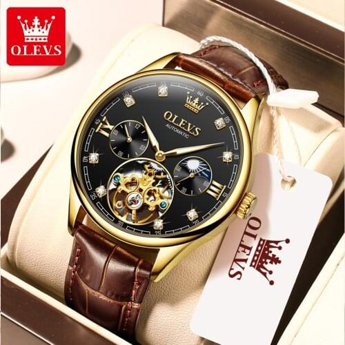 OLEVS Elite Mens Mechanical watches Business Dress Waterproof Wristwatch Men Luxury Breathable Leather Sports watch men Gifts