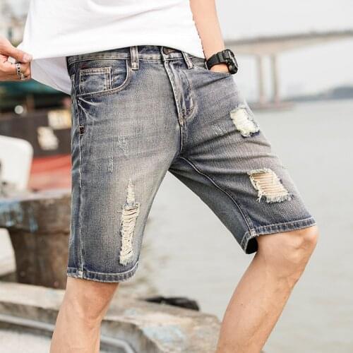 Summer New Mens Denim Shorts Mens Ripped Fashion Retro Jeans Slim Straight Mens High-quality Stretch Ripped Jeans 28-36