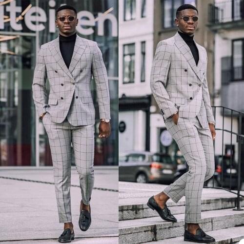 Streetwear Check Men Tuxedos Custom Made Double Braested Jacket Smart Casual Business Wedding Plaid Blazer 2 Pieces Pants Suits