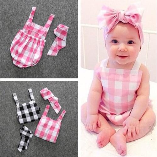 New Summer 100% Cotton Baby Girls Plaid Romper+Headband Newborn Bebe Clothing Set Kids Toddler Sleeveless Jumpsuit 2pcs Outfit