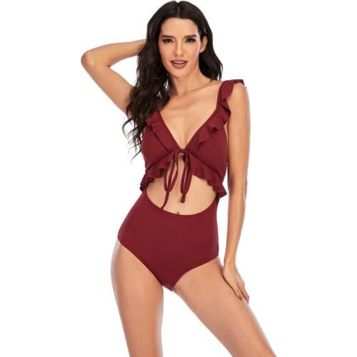 Sexy One Piece Ruffled Swimsuit Women 2021 Push Up Swimwear Solid Hollow Lace-up High Waist Monokini Bodysuit Beachwear New