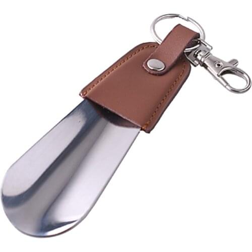 Portable Leather Seniors Sturdy Shoe Horn Mini Key Ring Stainless Steel Spoon Slip