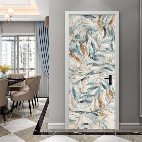 Modern Retro Leaves Door Sticker Living Room Bedroom Door Poster Wallpaper PVC Self-Adhesive Waterproof 3D Decal Home Decoration