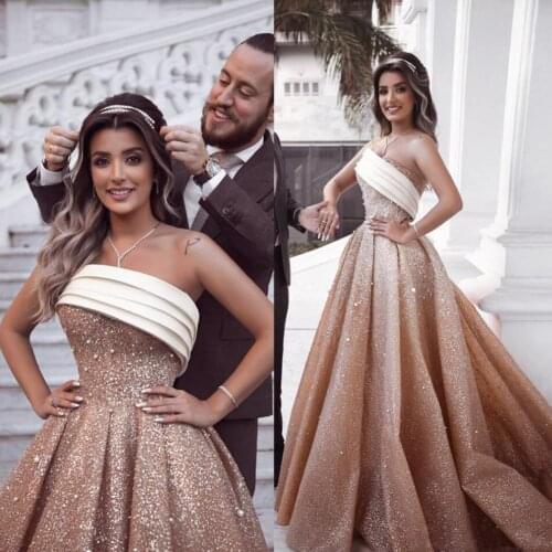 Sexy Champagne Sequins Prom Gowns Strapless Floor Length Sparkly Formal Dress Robe de soiree Chic Evening Party Dress 2019