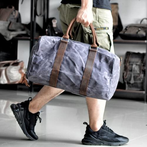 Retro waxed canvas travel bag mens weekend bag large capacity gym bag with shoe compartment
