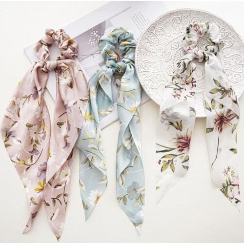 Fashion Flower Print Bow Satin Girls Elastic Hair Bands Long Ribbon Ponytail Scarf Hair Tie Women Scrunchies Hair Accessories
