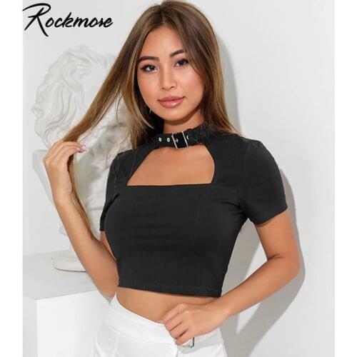 Rockmore Oversized Gothic Buckle Punk Style Women T-Shirt Loose Streetwear Korea Cotton Short Sleeve Femme T Shirts Crop Top Tee