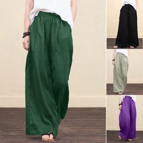 Women Autumn Spring Solid Cotton Linen Wide Leg Pants Casual High Waist Palazzo Loose Pocket Trousers Long Pantalon Plus Size