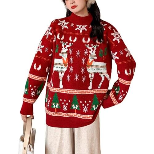 Womens Christmas Mock Neck Sweaters Long Sleeve Reindeer Snowflake Loose Knit Tops