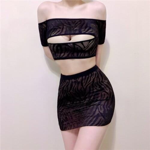 Stripe Mesh See Through One-shoulder Top Women Solid Elastic Transparent Temptation Uniform Night Club Open Chest Mini Skirt Set