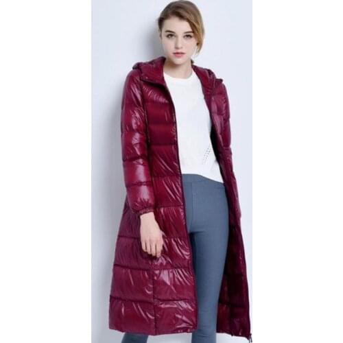 Womens Winter Ultra Light Down Jackets 2019 Females Super-long Paragraph Over Knee Hooded Cap New Fashion Slim Overcoats