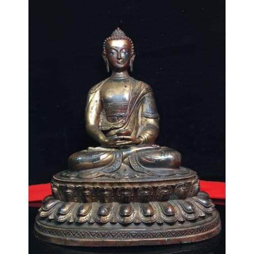 15" Tibet Buddhism Old Bronze Cinnabar Lacquer Amitabha Shakyamuni Buddha Statue Sitting on the lotus platform Enshrine