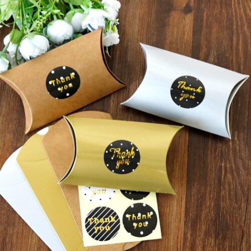 6sets Kraft Candy Box Wedding Christmas Party Gold Silver Pillow Shape Gift Box DIY Cookie Food Packaging Boxes with Stickers