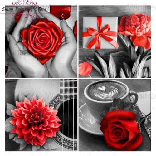 5D DIY Diamond Painting Red Rose Flower Black White Coffee Gift Diamond Embroidery Full Drill Cross Stitch Kit Decoration Gift