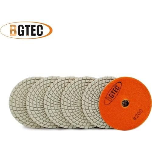 BGTEC 4inch 6pcs #200 Professional wet diamond flexible polishing pads 100mm sanding disc for polishing granite, marble, cerami