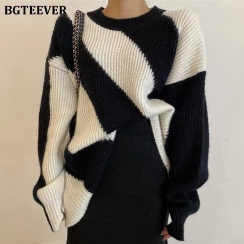 BGTEEVER Autumn Fashion Loose O-neck Women Patchwork Sweaters Jumpers 2021 Casual Oversized Long Sleeve Ladies Knitted Pullovers