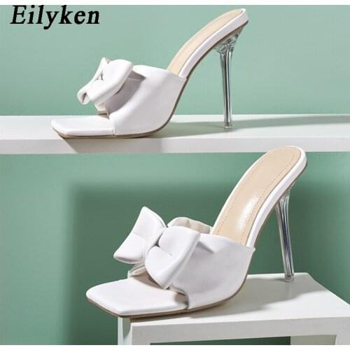 Eilyken New Slippers Women Elegant Sweet Bowtie Slides Perspex Crystal Clear High Heel Open Toe Outdoor Female Blue Summer Shoes
