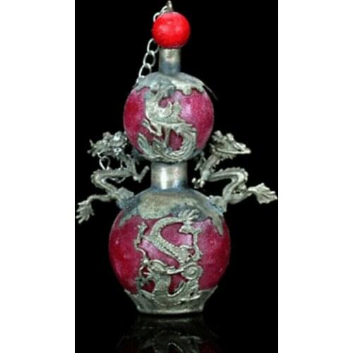 Chinese Antique Old Jade Armor Tibet Silver Hand Carved Dragon Snuff Bottlec