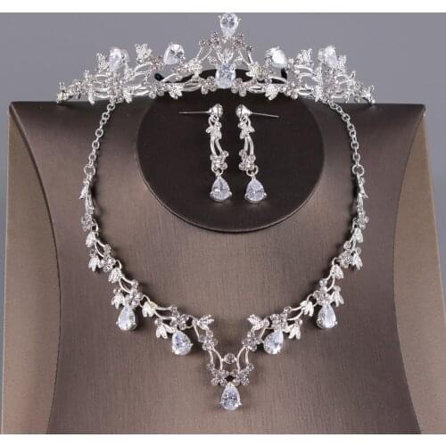 Zircon Wedding Jewelry Sets Cubic Zirconia Crown Necklace Earrings Set CZ Bridal Wedding Tiara for Party Birthday Crown Headband