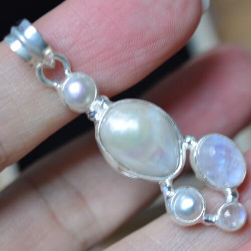 Genuine Blue Fire Moonstone & Pearl Pendant 925 Sterling Silver, 48 mm, MHBAP4621