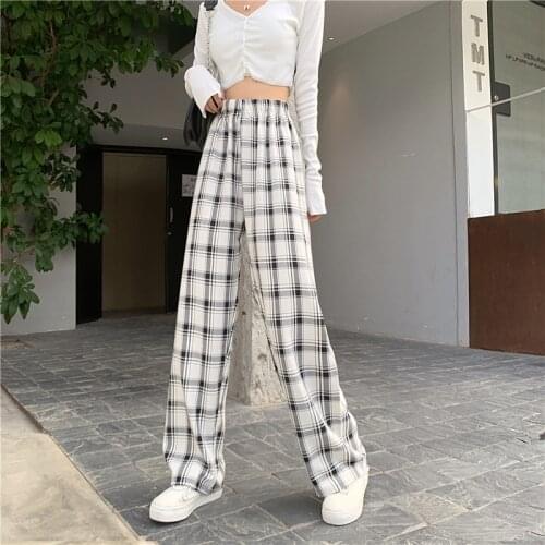 Summer 2021 Women Pants Harajuku Plaid Wide Leg Pant Streetwear Causual Loose Plus Size Woman Clothes High Waist Long Trousers