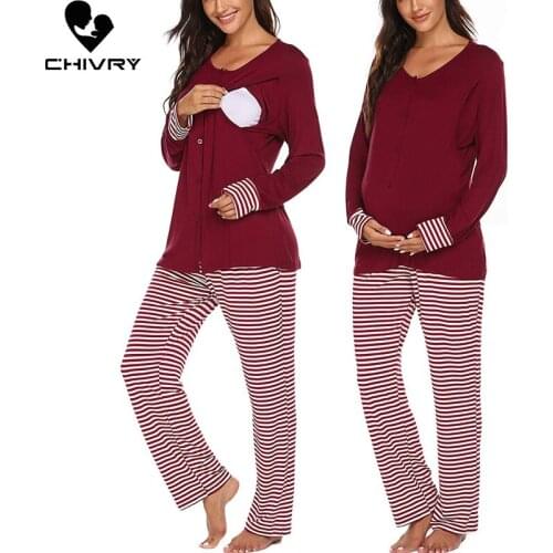 New Maternity Pregnant Women Pajamas Set Long Sleeve Nursing Baby T-shirt Tops+Adjustable Striped Pants Pajamas Cotton Nightwear