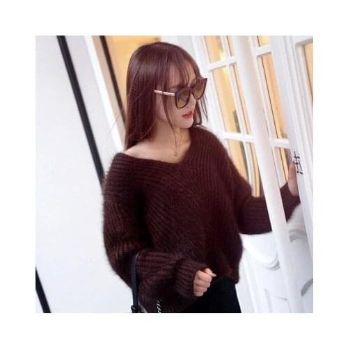 New V Plush mink cashmere sweater collar female head Korean fashion Strapless loose knit gold free shipping