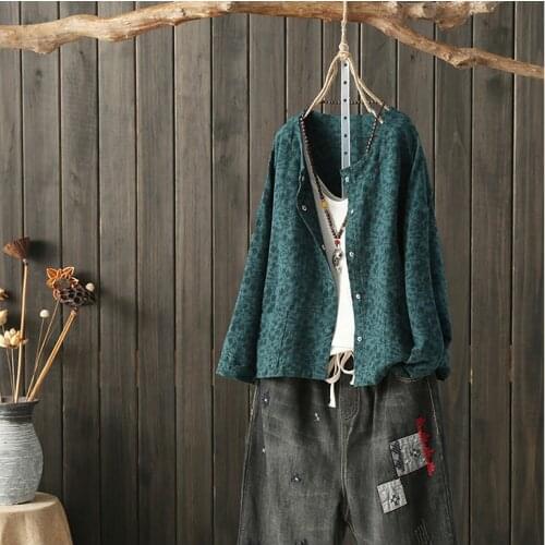 Solid Original Retro Jacquard Shirt Women Cardigan Full Sleeve Double Pockets Spring Tops 2021 New Button Linen Cotton Blouse