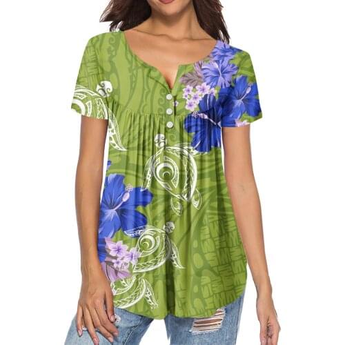 HYCOOL Wholesale Green Polynesian Hibiscus Design Summer Women Short Sleeve Pleated Buckle Shirt Casual Home Ladies Chiffon Tops