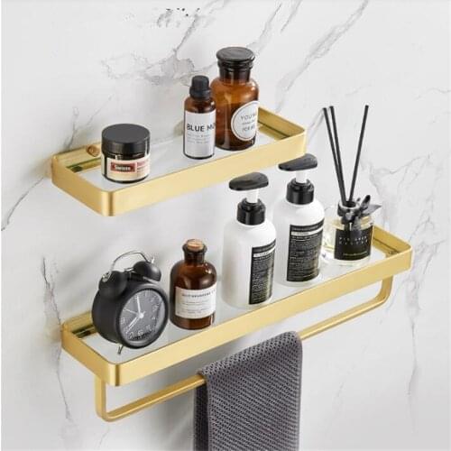 Tiqiu Bathroom Shelf Bath Shower Shelf with Towel Bar Brushed Gold Glass Shelf 30-50CM Aluminum Kitchen Storage holder