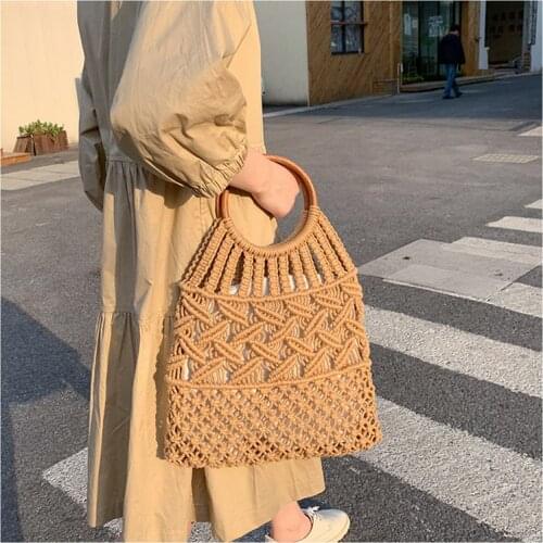 Casual Hollow Rope Woven Women Handbags Wooden Handle Straw Hand Bags Fishnet Summer Beach Bag Large Capacity Tote Purses 2021