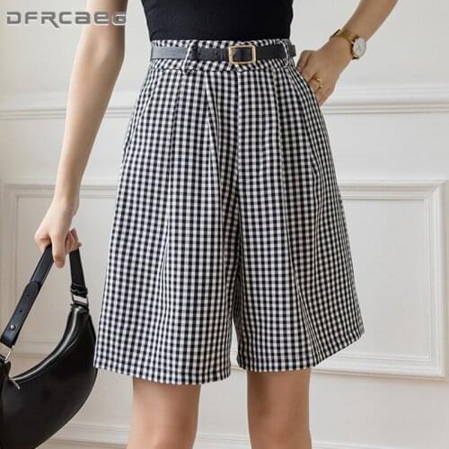 Black White Plaid Harajuku Wide Leg Shorts For Women Summer 2021 High Waisted Causal Knee Length Bermuda Short Trousers Feminina
