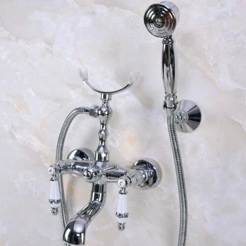 Modern Wall Mount Polished Chrome Brass Bathroom Tub Faucet Clawfoot Hand Shower Mixer Tap Telephone Shape Hand Spray ana240
