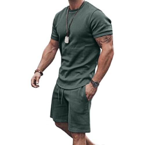 Tracksuit Solid Color Drawstring Men Loose Short Sleeve T-shirt Pocket Shorts for Fitness Mens Sets Summer Clothing