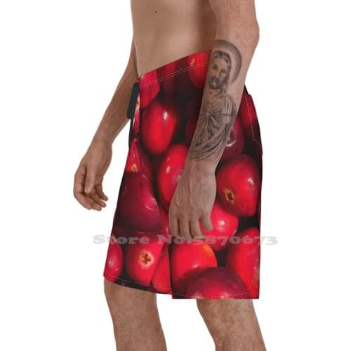 Fresh Red Cranberries Photo MenS Fashion Shorts Sports Shorts Harvest Cranberries Red Berries Natural Close Up Macro Burgundy