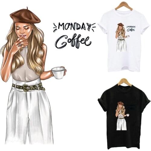 Monday Coffe Girl Iron On Transfer For Clothing DIY Women T-Shirt Hoodies Patches For Clothes Fashion Lady Thermal Heat Transfer
