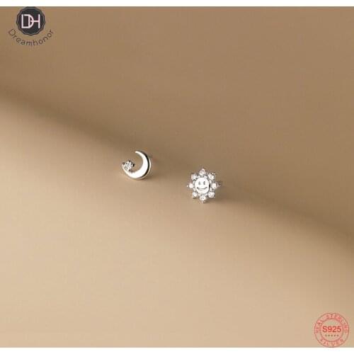 Dreamhonor Real 925 Sterling Silver Cubic Zircon Sun & Moon Wedding Stud Earrings For Women Valentines Day Jewelry