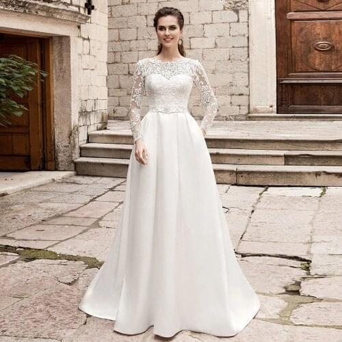 Vintage Appliques Pearls A Line Women Satin Wedding Dresses 2021Long Sleeves Lace-Up Bridal Gown Custom Made Robe De Marriage