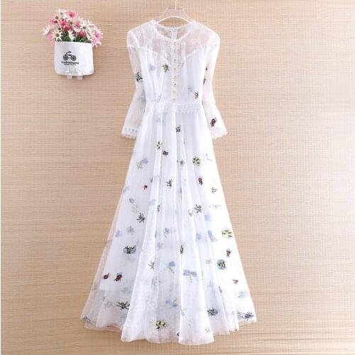 High-end Spring Summer Women Embroidery Bee Lace Dress Retro Elegant Slim A-line Lady Party Dress S-XXL